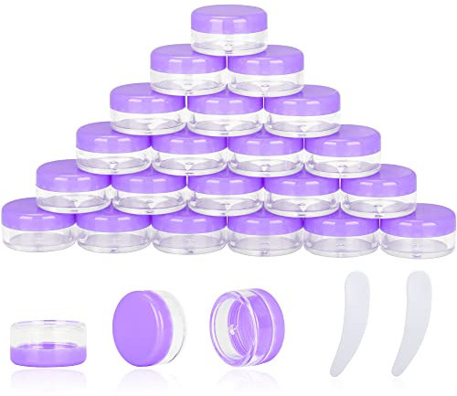 Lot de 25 récipients à échantillons de 3 g, pots vides de 3 ml avec couvercles, petits pots à échantillons avec 2 mini spatules pour maquillage, huiles, lotion, poudre, peinture, bijoux, baumes à