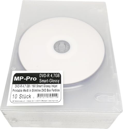 DVD-R Rohlinge 4,7 GB Smart-Glossy Inkjet Printable Weiß Glänzend Bedruckbar - 10 Stück in Slim DVD Hüllen Farblos