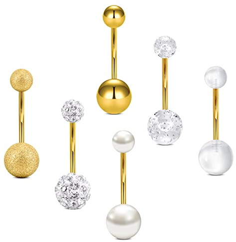 Vcmart 6pièces Piercing Nombril 14mm Barre de Ventre Acier Chirurgical 14G Piercing Bijoux Argent Noir