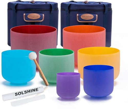 SOLSHINE Set of 7 Colored Crystal Singing Bowl 6''-12'' For Meditation Sound Healing with 2 Travel Carry Case Bag and Singing Bowl Mallets
