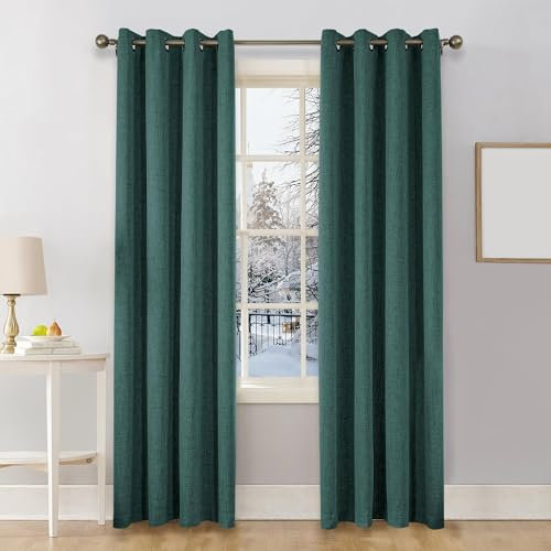 CUCRAF 100% Blackout Curtains Dark Green 84 Inch Drop 2 Panels Soft Texture Sun Blocking Thermal Eyelet Curtains for Bedroom Living Room 52 X 84 Inch