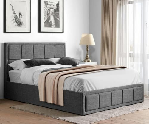 Small Double Bed Frame, Upholstered Ottoman Bed Frame UKFR Linen Fabric Dark Grey Ottoman Storage Bed with Gas Lift End Opening Wooden Slats with Storage Bed (4ft Small Double 120 x 190, No Mattress)