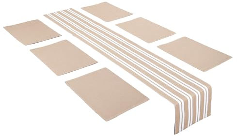 Encasa Homes Esszimmer-Set (6 Tischsets + 1 Tischläufer) | Franca Beige | Fein gerippte Baumwolle | Moderne Farben und Designs, Verwendung zu Hause, in Cafés, Restaurants – maschinenwaschbar