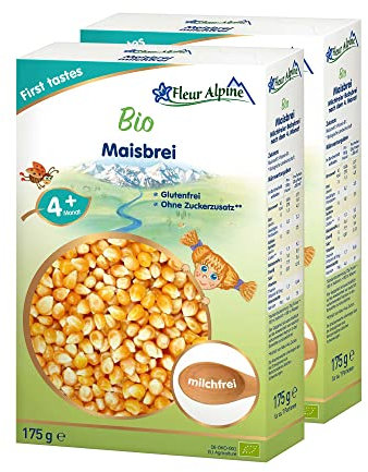 FLEUR ALPINE Bio Babybrei Mais 2er Pack - Leckerer Frühstücksbrei | Nahrhaft und glutenfrei | einfache Zubereitung | Babynahrung 4+ Monate ohne Zuckerzusatz | 2x7 Portionen