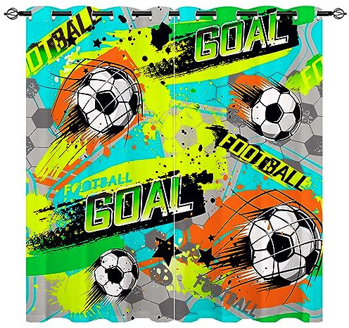 YUANZU Fußball Vorhänge Kinder Jungen Sport Grunge Ball Ösen Gardinen mit Blickdichte Vorhang Kälteschutz Blackout Curtain Kinderzimmer Schlafzimmer Verdunkelung Fenster, 2 Stück, H 160 x B 132 cm