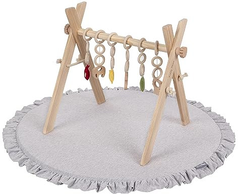 KiddyMoon Spielbogen aus Holz mit Weichem Schaumstoff Spielmatte Spieltrapez Baby Gym für Kleinkinder Spielzeug Activity Center, Natürlich Mit Hellgrau Spielmatte