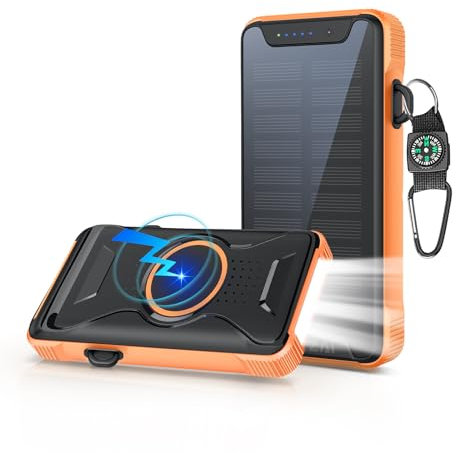Lekzai Caricatore solare Power Bank, 10.000 mAh, portatile, wireless, caricabatterie rapido con USB-C PD 20 W per telefoni cellulari, batteria esterna con torcia a LED per esterni, campeggio,