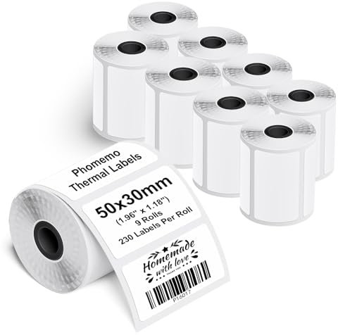 Phomemo M110/M220/M221/M200/M120/M100/M108/M150/M250/M260 Selbstklebende Etiketten, 1.97x1.18(50x30mm) Thermoetiketten papier für Phomemo Etikettendrucker, 230 Etiketten pro Rolle (9 Rollen)