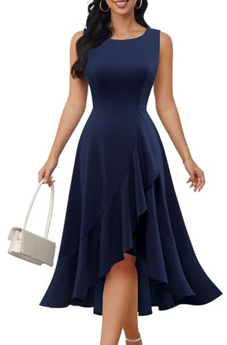 DRESSTELLS Cocktail Dress for Women, Formal Church Wedding Dress, Fit Flare Vintage Tea Party Dress, Modest Graduation Prom Midi Evening Dress 2024 Navy L