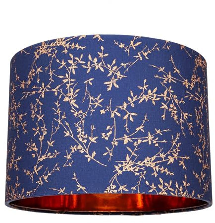 Modern Navy Midnight Blue Cotton Fabric 12 Lamp Shade with Copper Foil Floral Decoration Suitable for Table or Ceiling Usage | 30cm Diameter | 60w Maximum by Happy Homewares