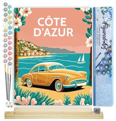 Figured'Art Peinture par Numéro Adulte Affiche Vintage Côte d'Azur - Activité Manuelle Kit de Loisir Créatif DIY Numéro d'Art Complet - 40x50cm avec châssis en bois à monter