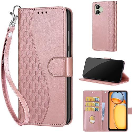 KENHONER Phone Case for Xiaomi Redmi 13C 4G, Wave -Rose Gold | Shockproof Flip Wallet, Card Slots, Kickstand, PU Leather, Wrist Strap Lanyard