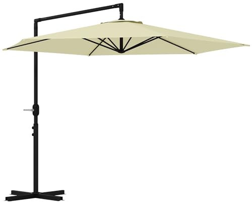 Outsunny Sombrilla en voladizo de 3 x 2,5 m con base en cruz, sombrilla de jardín con apertura a manivela para terraza y balcón, beige, beige, Ø291 x 245A cm