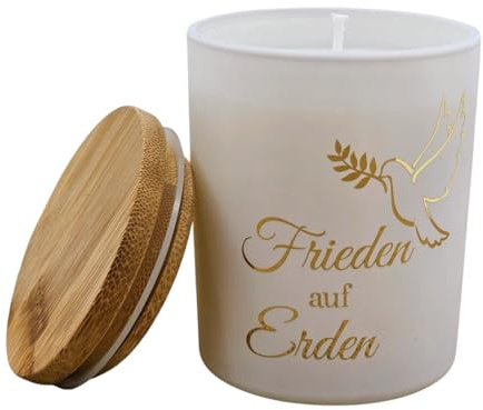 Friedenskerze Kerze im Glas mit Holzdeckel Frieden auf Erden
