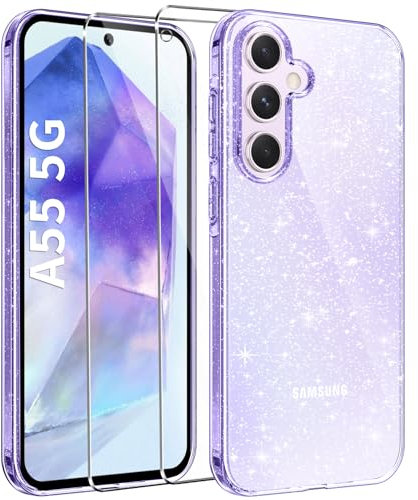 AROYI Klar Glitzer Handyhülle Kompatibel mit Samsung Galaxy A55 5G Hülle Glitzer mit 2 Stück Schutzfolie, Handyhülle Samsung A55 5G Transparent Weiche TPU Silikon Case [Anti-Yellowing], Lila