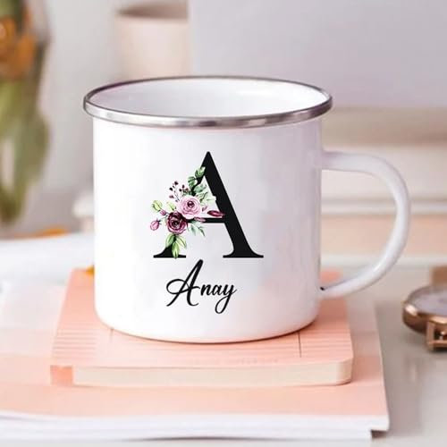 HDLOVE Tazze Smaltate Personalizzate Con Nome Iniziale, Da Caffè Con 26 Lettere, Da Campeggio, Tè, Latte - Per Festività, Compleanno, Festa Della Mamma