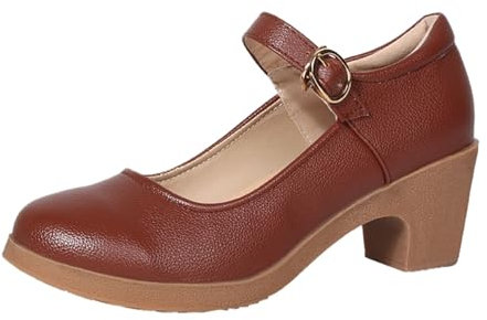 MVNB Womens Mid Block Heels Mary Jane Ankle Strap Court Shoes Ladies Comfort Support Work Pumps Low Heeled Strappy Slip On Cushioned 𝐃olly Wide Fit Extra Wide Fitting Width Light Shoes (Brown, 6.5)