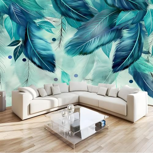 Bleu Vert Papier Peint 3D Panoramique Plumes Légères De Luxe Tapisserie Mural Moderne Fresque, Poster Geant Mural, Pour Salon Chambre Fond Tv Style Déco 200 X 140 Cm