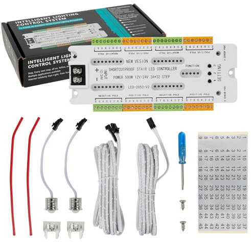 Inscrip Intelligenter LED Bewegungsmelder Treppenlicht Controller, 32-Kanal-Automatik LED Stufenlichter Treppenbeleuchtungsset, mit 2 Sensor, 4 Modi Einstellbar, für Innentreppenbeleuchtung