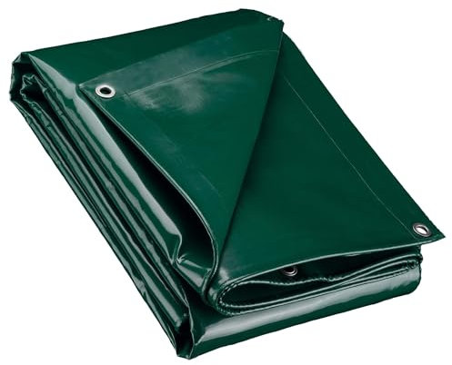 Wiltec Lona impermeable verde 4 x 7 m con ojales de acero inoxidable, 650 g/m² resistente a los rayos UV, moho y desgarro, poliéster con revestimiento de PVC y bordes reforzados, ideal para exteriores