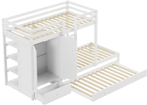 xixiworkshop Etagenbett aus Massivholz mit Ausziehbett, multifunktionales Kinderbett mit Kleiderschrank, Schubladen und Ablagefach, Grau/Weiß, 90×200cm (Weiß)
