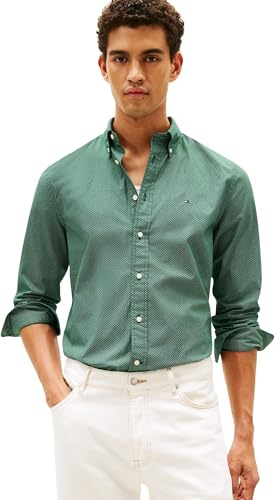 Tommy Hilfiger Uomo Camicia Flex Poplin Micro Regular Fit, Verde (Ornamental Green/Allover), XXL