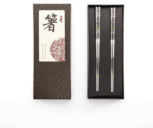 Premium Reusable Titanium-Plated Stainless Steel Chopsticks Set – Ideal Japanese & Korean Food Cooking and Anime Gifts – Non-Slip Metal Chopsticks Perfect as Kitchen Gifts (Black Silver)