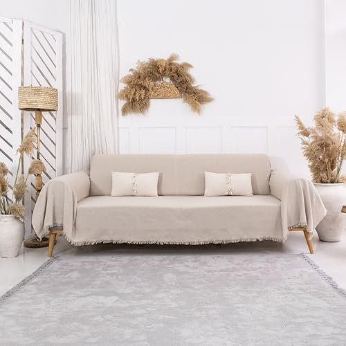 Milam London Manta grande para sofá de 3 plazas, funda de sofá de 3 plazas, manta 100 % algodón, manta para sofá, manta para sofá de 180 x 300 cm, color beige