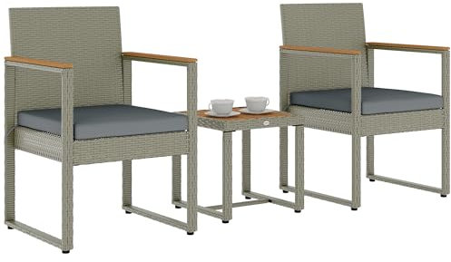 Outsunny 3-Piece Rattan Bistro Set, Patio Table and Chairs Set with Removable Cushions, Rattan Conversation Set with Acacia Wood Table & Adjustable Foot Pads for Garden Balcony, Grey