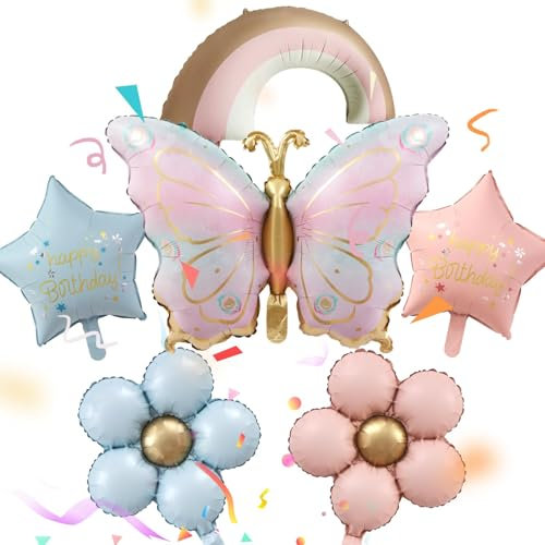6 Stück Schmetterling Deko Geburtstag, Geburtstagsdeko Mädchen, Bunt Blumen Luftballon, Folienballon Schmetterling, Feen Deko Kindergeburtstag, für Geburtstag Jubiläum Motto Party
