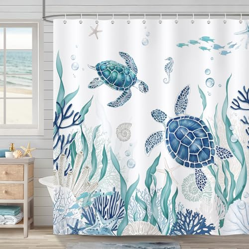 COZZSNUGE Duschvorhang 180 x 180 cm Meeresschildkröte, Blau Türkis Meer Strand Ozean Koralle Muschel Küste Duschvorhänge Anti-schimmel Wasserdicht Polyester Stoff Badvorhang mit 12 Duschvorhangringen