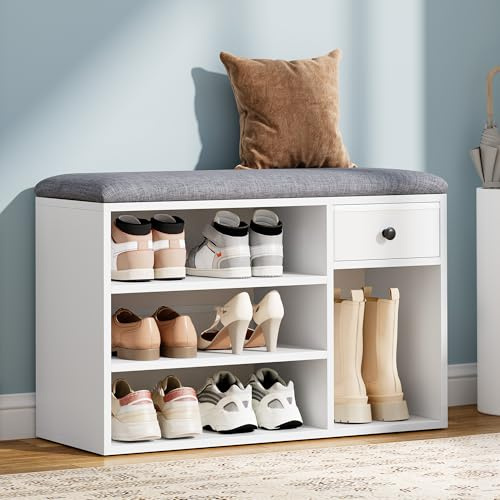 YITAHOME Shoe Bench, Storage Bench with Padded Seat, with Cushion, Shoe Storage Bench with Fabric Drawer and Open Compartments, for Living Room, Hallway, White and Grey