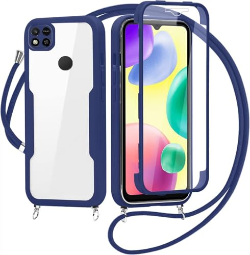 FERLAN Coque avec Cordon pour Xiaomi Redmi 9C/Redmi 9/Redmi 9C NFC, Collier Ajustable,Coque Antichoc Housse avec Protection écran, 360° Protection Case Robuste Double Bumper Etui Intégrale (Bleu)