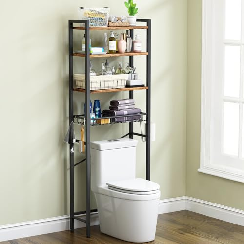 CAPHAUS Over The Toilet Storage Rack, 4-Tier Bathroom Organizer Shelf Over Toilet with Adjustable Shelf and Basket, Freestanding Space Saver Bathroom Shelves Above Toilet for Room (Vintage Brown)