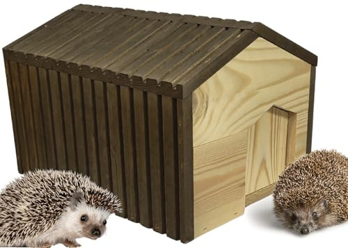 MODO24 Igelhaus aus FSC® Holz, Igelhütte, Igelhotel mit Labyrintheingang gegen Fressfeinde & Wetterfestem Dach, Winterschlaf & Nisthaus für den Garten, inkl. Heu & Futterschale, 25x36x27 cm, Braun