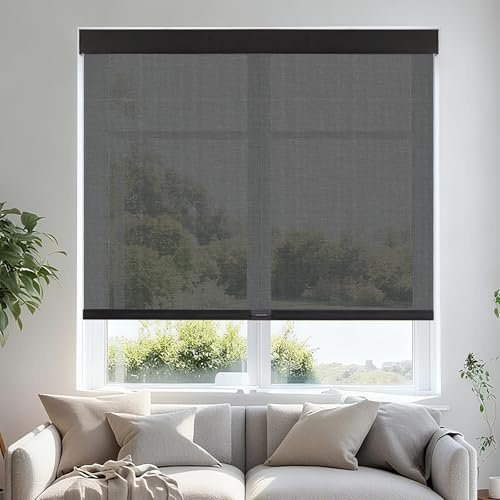 Persilux Custom Size Free-Stop Cordless Roller Shades for Windows Light Filtering Shades, 5% Openness Solar Screen Semi Sheer Roller Blinds UV Protection for Office and Home. Easy to Install. Black