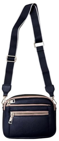 Lorenz Leichte Crossbody-Tasche mit mehreren Taschen für Damen, mattes Polyurethan, verstellbarer Riemen, doppelte Reißverschlusstaschen vorne, Alltags-Reisetasche, 19 x 15 x 8 cm, Schwarz