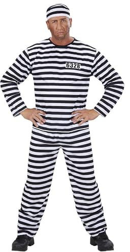 W WIDMANN MILANO Party Fashion Sträfling Kostüm für Herren | Schwarz Weiß | 3-teiliges Gefangenen-Outfit mit Oberteil, Hose und Mütze, Sträfling für Karneval, Mottoparty