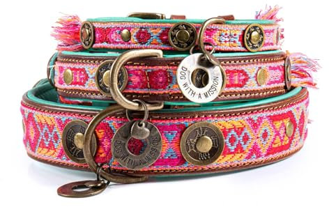 Dog with a Mission - Hundehalsband S | Farbenfroh in Rosa und Türkis | Boho, Ethno, Ibiza, Hippie | Ideal für kleine Hunde | Handgemacht | Modisch und Bunt | Aus weichem Echtes Leder | 2 cm Breit