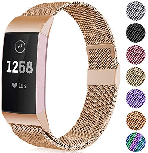 Faliogo Metall Ersatzarmband Kompatibel mit Fitbit Charge 3 Armband/Fitbit Charge 4 Armband Einstellbare Edelstahl Ersatz Armbänder für Damen Herren, Klein, Königliches Gold