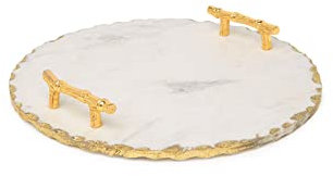 GMRS Home Marble Round Tray with Gold-Color Metal Handles & Gold Foiling Handmade Jewellery Tray | Catchall Tray | Trinket Tray for Counter |Nightstand and Desk (14 )