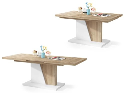 All4All Couchtisch Noel - Kaffeetisch - Wohnzimmertisch – Sofatisch mit Ablagen - Esstisch mit Einlegeplatte - ausklappbar - 120x70cm - 05 - Sonoma Eiche + Weiß