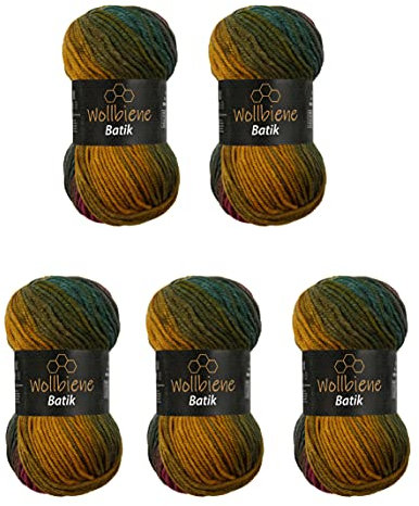 5 x 100g Wollbiene Batik 500 Gramm Wolle mit Farbverlauf mehrfarbig Multicolor Strickwolle Häkelwolle (5800 rot grün ocker)