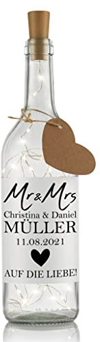 LIEBTASTISCH - Hochzeits Flaschenlichter Personalisiert - Mr.&Mrs. mit Wunschnamen und Datum - Hochzeitsgeschenke für Brautpaar - Dekolicht - LED Beleuchtung - Geldgeschenk (Mr&Mrs)