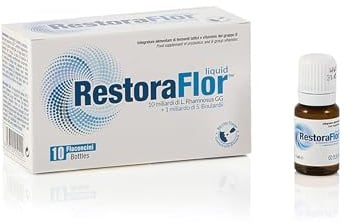 RestoraFlor Liquid – Probiotisches Nahrungsergänzungsmittel für die Darmflora – Probiotikum mit 2 Bakterienstämmen 11 Mrd. KBE/Flasche – Mit Rhamnosus GG & Saccharomyces Boulardii – 10 Flaschen à 7 ml
