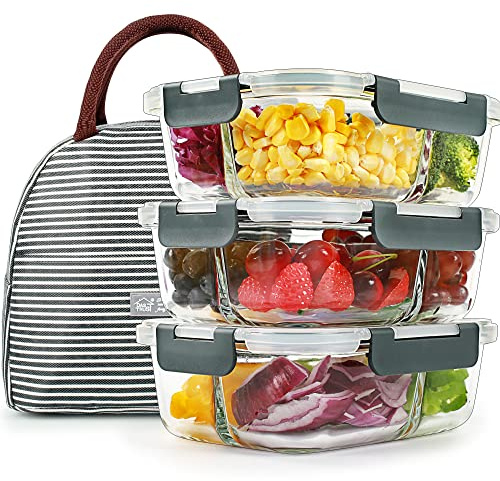 DAS TRUST 3 Pack Bento Box Glass Meal Prep Container 3 Compartment Glass Food Storage Containers with Lids Meal Prep Bowls Lunch Box for Oven