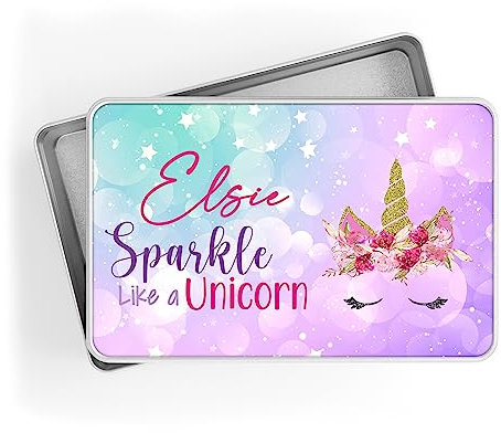 Print Maniacs Personalised Tin Storage Box Jar Decorative Unicorn Keepsake Small Item Gift Box For Girl Boy Tidy Bedroom Playroom (Unicorn)