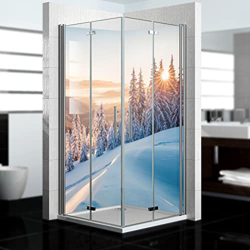 dedeco Eck-Duschrückwand wasserfest Motiv: Winter V2, 2 x 80x200 cm, als Badrückwand zum Fliesenersatz, als Dekorwand, Wandverkleidung und Duschplatte aus Aluminium - Made in Germany