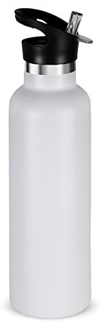 Volhoply White Stainless Steel Water Bottles, 750ml Vacuum Insulated Double Wall Travel Bottle with Leak-Proof Straw Lid of Handle,Metal Reusable Standard Mouth Flask for Hikers,Gift