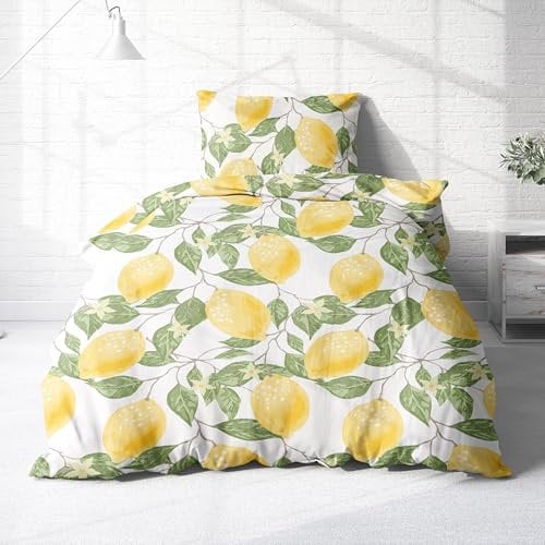 Träumschön Premium Bettwäsche 135x200 + 80x80 cm - Zitronen Design hell - Sommer Bettwäsche aus Baumwolle – Weich, Atmungsaktiv & Hautfreundlich - bügelfrei